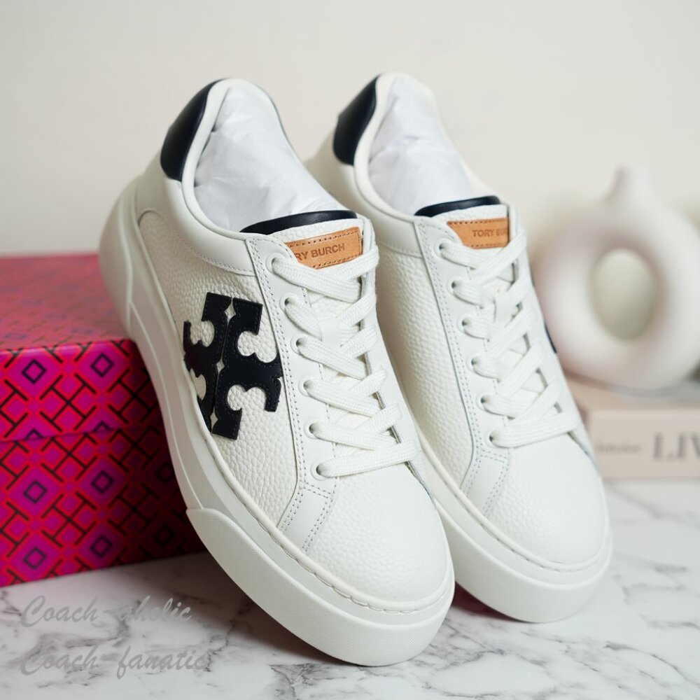 Tory Burch Signature Color Block Platform Leather Sneaker Shoes in White/Navy